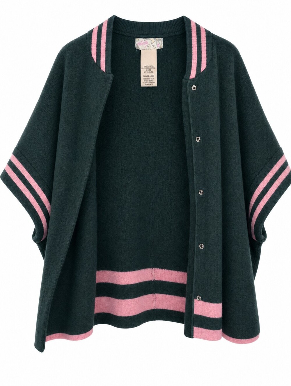 Free People Pep Rally Striped Poncho OS Green Pink Oversized Snap Front Cape - Picture 6 of 12